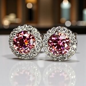 Sparkling One Carat Pink Moissanite Earrings Handcrafted Sterling Silver 925